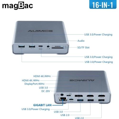 16 in 1 Triple Display USB C Docking Station 3 Monitors USB Hub HDMI RJ45 Type C For Macbook Pro Air Windows Laptop Dock Station