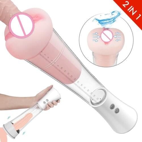 2 in 1 Electric Male Masturbator Cup Penis Pump Penis Delay Training Aircraft Pussy Penis Enlargement for Men Realistic Vagina