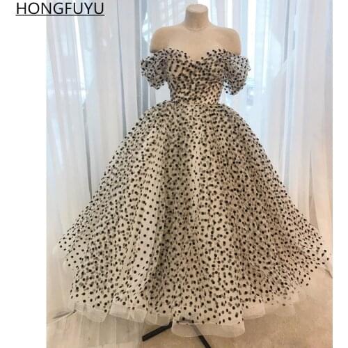 HONGFUYU White And Black Dotted Tulle Prom Evening Dress A Line Off Shoulder robes de soirée Cocktail Party Gowns Lace Up Corset