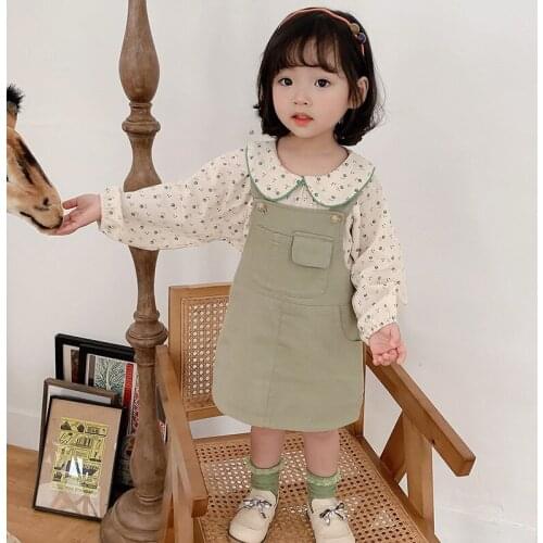 Kids Girls Clothing Sets Summer New Style Baby Girls Clothes Long Sleeve Floral Shirt+Sling Dress 2Pcs Childrens Clothing Sets