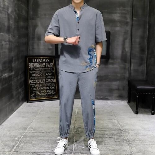 Summer Traditional Chinese Style Linen Tang Suit Men Hanfu Casual Ethnic Print Short Sleeve T-Shirt Men Kung Fu Clothes 31020