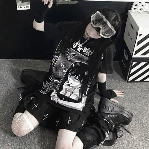 Summer Gothic Harajuku Women T-shirt Tops Punk Dark Grunge Streetwear Loose Short Sleeved 90s Anime Casual Oversized T-shirt Top