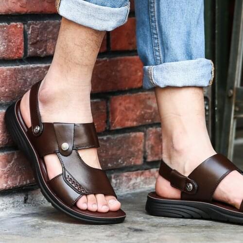 Mens Summer New Sandals and Slippers Mens Leather Sandals Adult Mens Thick-soled Beach Shoes Non-slip Open-toe LeatherSandals
