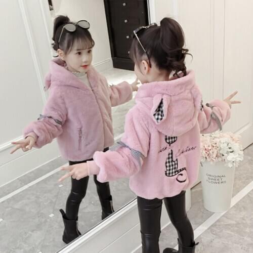 2020 Autumn Winter New Cartoon Cute Rabbit Fur Outerwear For Girls Solid Clothes Children Kids Warm Thicken Casual Coat 4-9 Y
