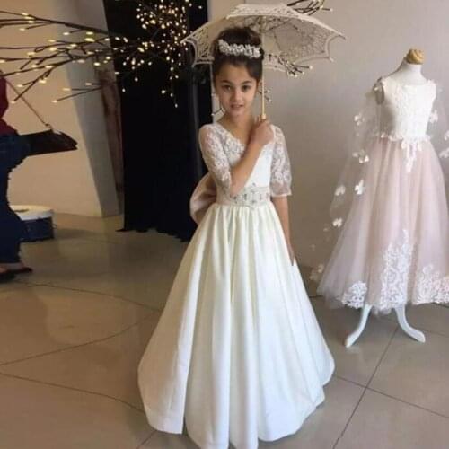 Flower Girl Dress Pageant Kids Half Sleeve Lace Applique Bow Beaded Crystal Sash Lace Up First Holy Communion Dresses