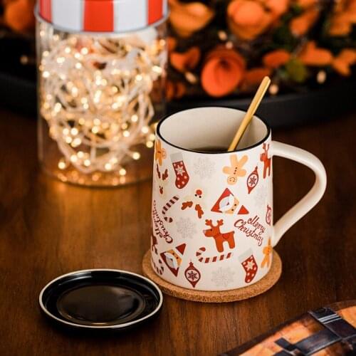 Ins Popular Ceramic Coffee Mugs With Handgrip Lid Christmas Santa Claus Cartoon Printed Cute Kawaii Home Use 400ML Capacity