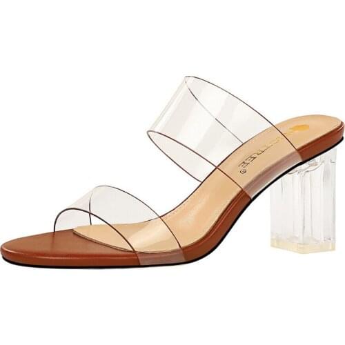 Summer transparent crystal with thick heel high heel hollow open toe thin transparent word with female slippers flip flops