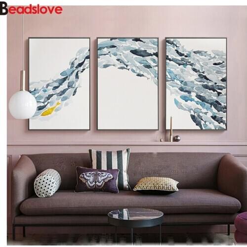 Triptych Seascape Shoal of fish abstract diamond Mosaic Full Square Round Drill DIY 5d painting diamond embroidery wall stickers