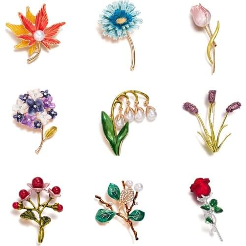Rinhoo Trendy Enamel Daisy Rose Flower Brooches For Women Girls Pearl Maple Leaf Lily Plants Lapel Pins Dress Shirt Accessories