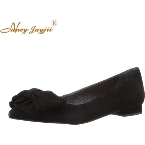 Women Ladies Flats Adult Female Shoes Black Flock Slip-On Butterfly-Knot Pointed Toe Spring/Autumn Leisure Elegant Mature 2019