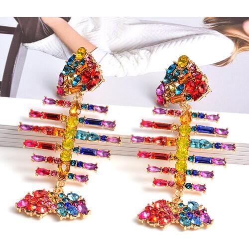 Wholesale Colorful Rhinestones Metal Fishbone Shaped Earrings High-quality Crystals Drop Earring Jewelry Accessories For Women