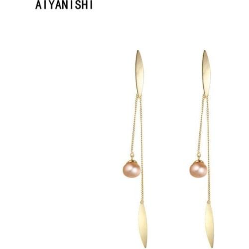 AIYANISHI 18K Gold Filled Natural Freshwater Peal Drop Earrings Women Engagement Long Link Chain Pearl Earrings Fashion Jewelry