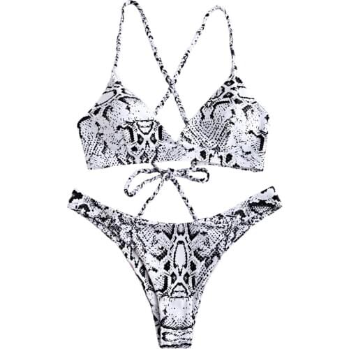 2020 Snake Print Women Bikini Sets Padded Sexy Animal Swimsuit Cross String Beach Bathing Suit Woman Thong Swimming Clothes XXXL