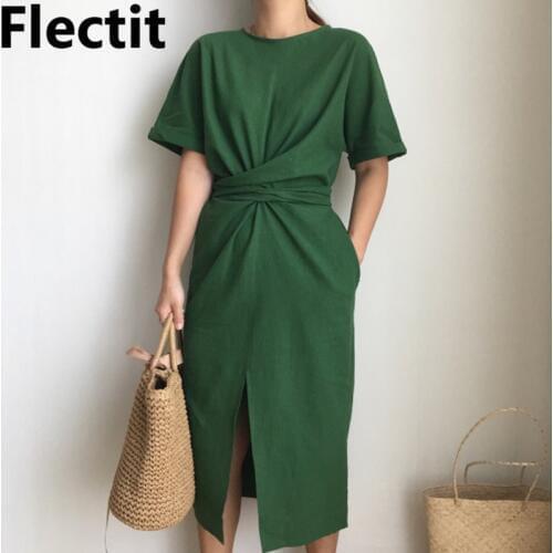 Flecti Womens Tie Knot Midi Dress Vintage Long Dress Split Front Short Sleeve in Cotton & Linen Cozy Dresses Summer Outfits