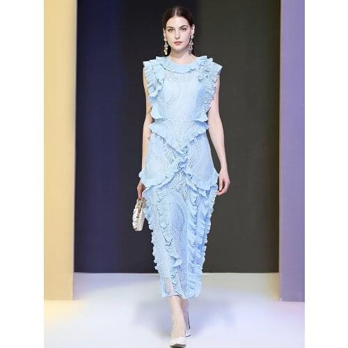 Summer womens dress fashion lace stitching georgette pleated ruffled ladies temperament long dress woman