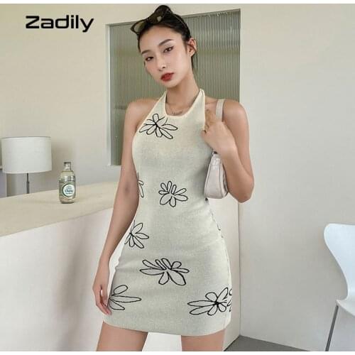 Zadily Y2K Knit Backless Halter Bodycon Floral Dress Women 2021 Summer Sexy Sleeveless Female Mini Dresses Party Club Clothing