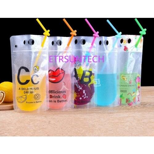 500Pcs/Lot 5 Styles 500ml Drink Packaging Bag Pouch for Beverage Juice Milk Coffee With Handle And Holes For Straw Wholesale