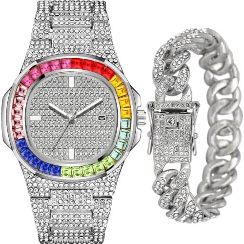 2pcs Watch Bracelet for Men Top Brand Men Luxury Iced Out Gold Watches Hip Hop Wristwatch Relogio Masculino Women Mens Watch Set