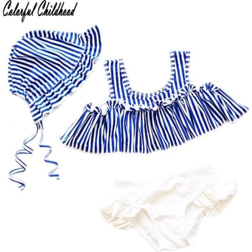 1-7Y baby girl sailor swimsuit navy stripes design lovely bikini ruffles 3pcsbikini+hat sweet girls swimwear pool beach clothing