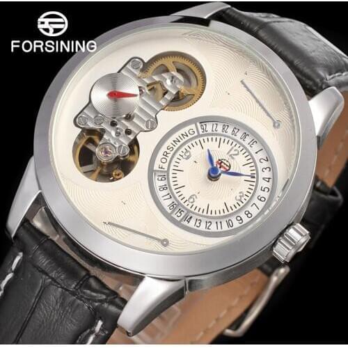 Famous brand FORSINING FSG8015Q3S2 new Quartz silver men wristwatch tourbillon black leather strap shipping free