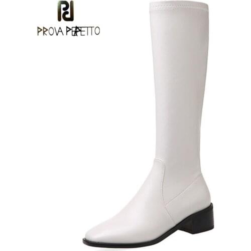 Korean Version of The Square Toe Thick Heel Stitching Stitching Boots Knee-length Stretch Thin Boots Side Zipper High Boots