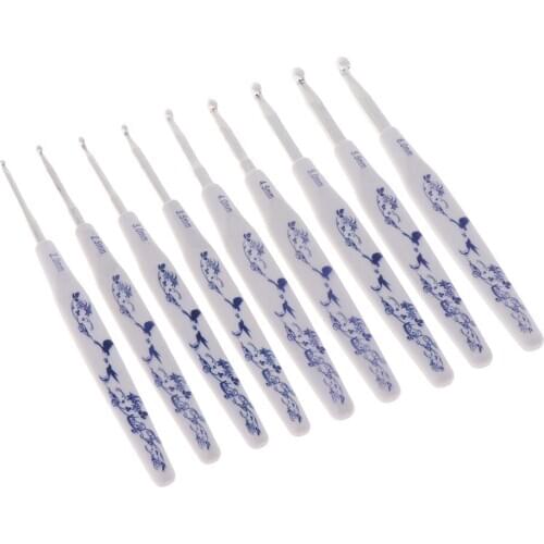 9pcs Blue and White Porcelain Design Aluminum Crochet Hooks Knitting Needles Craft Yarn 2-6mm Weaving Tool