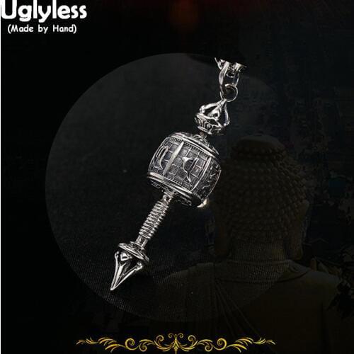 Uglyless Real 925 Sterling Thai Silver Unisex Engraved Buddhism Mantra Vajra Pendants without Chain Prayer Wheel Tibetan Jewelry