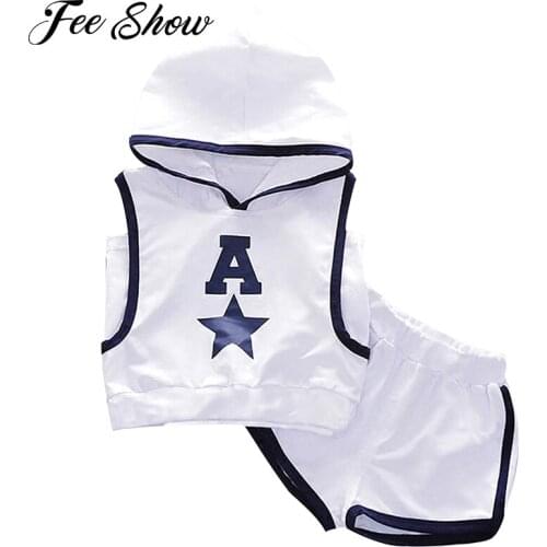 2Pcs Toddler Boys Summer Sports Suit Sets Tracksuits Hooded Hoodie Sleeveless Print Tops and Shorts Set for Exercise Casual Wear