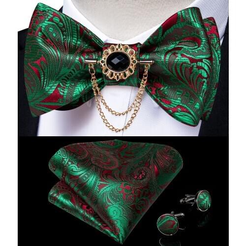 Green Paisley Mens Bow Tie Luxury Silk Woven Wedding Party Men Butterfly Necktie Brooch Pin Hanky Set Tuxedo Bow Tie DiBanGu