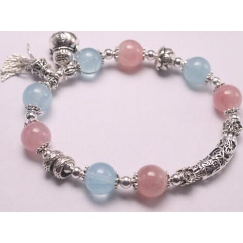 Real Silver 925 Bracelet Chain For Women Girl Silver Beads Aquamarine Pink Crystal Beads Lucky Bag Cat Bracelet 17cm Charms Cat