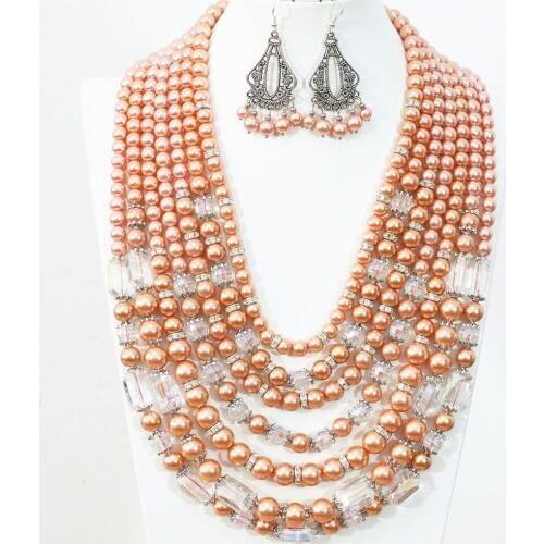 Bohemia New Gift Orange Shell Simulated-pearl Beads 7 Rows Necklace Earrings Special Weddings Party Elegant Jewelry Set B1415