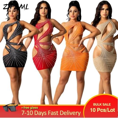 Bulk Items Wholesale Lots Womens Clubwear Mini Dress Chic Skew Collar Sleeveless Hollow with Brief Rhinestone Skinny Vestidos