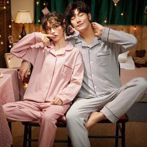 Women Winter Cute Pink Long Sleeve Pajamas Set Cotton Warm Homewear Men Simple Gray Plaid Turn-down Collar Button Down Sleepwear