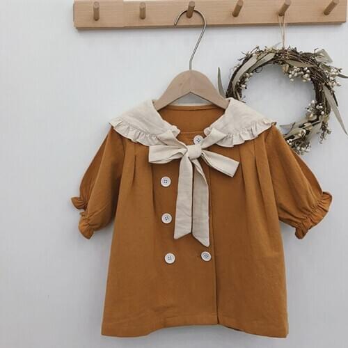 Baby Girl Dress Autumn New Bow Children Clothes Doll Big Lapel Double-Breasted Princess Dress