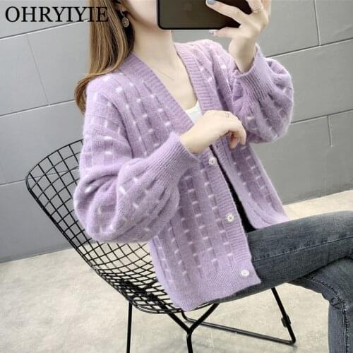OHRYIYIE Purple Casual Loose Cardigan Sweater Women 2021 Autumn Winter V-neck ALL-match Knitted Sweaters Female Long Sleeve Coat