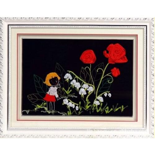 Rose and girl Ribbon embroidery kit flower picture painting set hand embroider handcraft kit DIY handmade needlework art plus