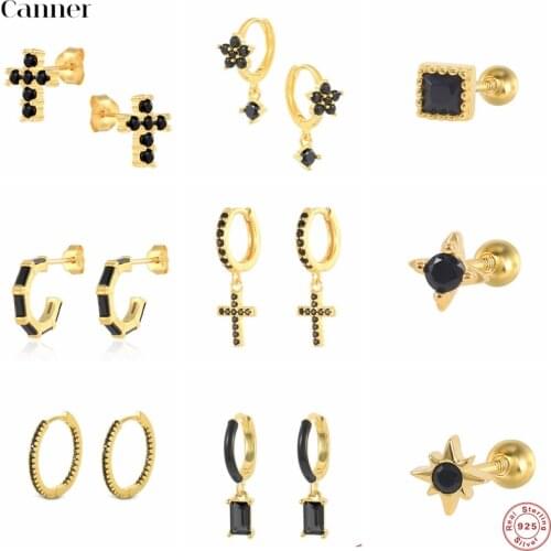 CANNER 925 Sterling Silver Lucky Hoop Earrings Elegant Black Zircon Cross Pendant Huggies Earrings For Women Jewelry Gift 2021