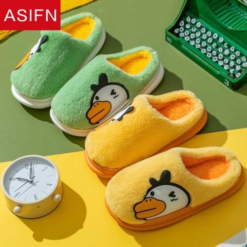 ASIFN Winter Cotton Slippers Female Cartoon Cute Indoor Home Thick-soled Non-slip Warm Couple Plush Fur Shoes for Men Cute Duck