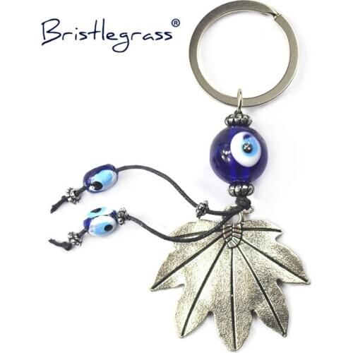 BRISTLEGRASS Turkish Blue Evil Eye Maple Leaf Key Chain Ring Holder Car Keychain Lucky Charm Hanging Pendant Blessing Protection