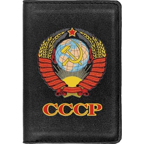 High Quality Leather CCCP Soviet Badges Sickle Hammer Passport Cover Men Women Travel ID Credit Card Pocket Wallet Purse Case