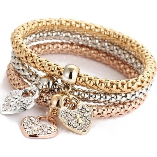 Jewelry alloy three color three piece suit elastic corn chain inlaid with diamond Love Pendant popcorn Bracelet girl