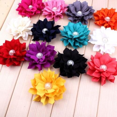 120pcs/lot 3.6" 13 Colors Hair Clips Fabric Flower Accessories For Kids Girl Lotus Leaf Flower With Pearl Daisy For Headband DIY