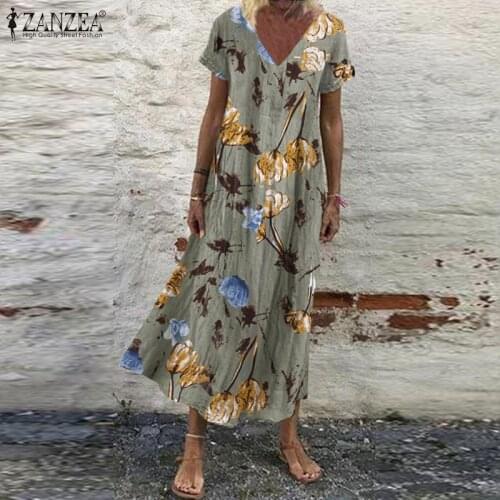 ZANZEA 2021 Summer Floral Printed Maxi Dress Women Vintage V Neck Short Sleeve Sundress Oversized Bohemian Beach Vestidos Femme