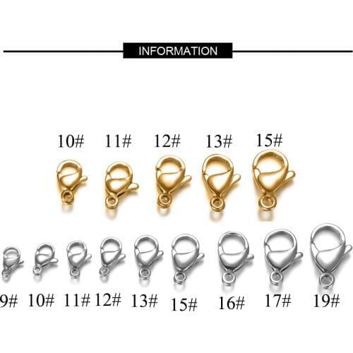 20pcs/lot 9-19mm Full Size 100% Real Stainless Steel Lobster Clasp Wholesale Finding Jewelry Supplies