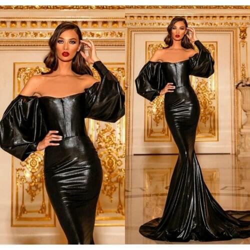 Black Mermaid Prom Gowns 2020 Off Shoulder Long Sleeve Evening Gowns Zipper Back Formal Party Runway Fashion Dress