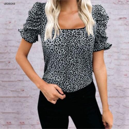Summer Womens Clothing 2021 Street Style Round Neck Pullover Ruffle Short Sleeve T-Shirt Slim Leopard Print