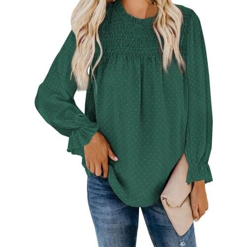 Autumn Top Lantern Sleeve Drawstring Polka Dot O Neck Women Autumn Shirt for Dating Women Autumn Shirt