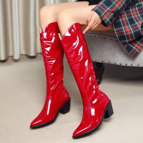 Lady Autumn Winter New Black Patent Leather Knight Boots Ladies Pointed Toe Mid-Heel Fashion Knee Boots Slip on Women Shoes