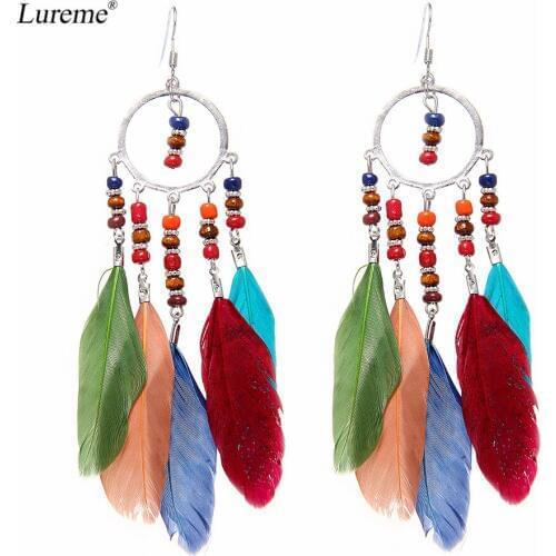 Lureme Bohemian Style Color Beads with Handmade Natural Feathers Dangle Earrings for Women Ethnic Ear Jewelry (er005474)