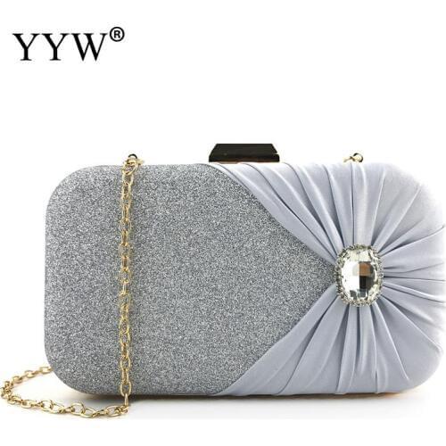 Ladies Evening Party Clutch Bag Elegant Prom Purse With Chain Rhinestone Crossbody Shoulder Bags Women Pleat Handbags